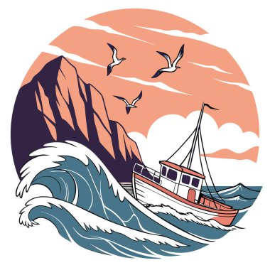 Bir balıkçı teknesi dalgalı sularda yol alırken deniz kuşları kıyı kenarında nefes kesen bir gündoğumunda havada süzülüyor. Yapay zeka üretildi. Vektör simgesi