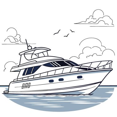 Sakin okyanus sularında lüks bir yat süzülüyor. Yapay zekanın yarattığı sakin gökyüzüne karşı modern tasarımını ve geniş güvertesini sergiliyor. Vektör simgesi