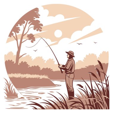 Bir balıkçı nehirde duruyor. Balık oltasını güneşin sıcacık altın parıltısının altına attı. Yapay zekanın ürettiği uzun otlarla çevrili. Vektör simgesi