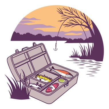 Akşamüstü ışığı altında suyun kenarındaki çeşitli renkli yemlerle dolu bir olta takımının ayrıntılı görüntüsü. Yapay zeka üretildi. Vektör simgesi