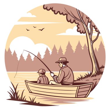 Baba ve oğul, baş döndürücü altın gündoğumunda sakin bir gölde, küçük tahta bir teknede huzurlu bir balık avına çıkıyorlar. Yapay zeka üretildi. Vektör simgesi