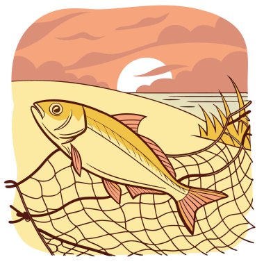 Taze yakalanan balıklar, gün batımında arka planda ışıldayan su ve bulanık kıyı manzaralı bir balık ağında dinleniyor. Yapay zeka üretildi. Vektör simgesi