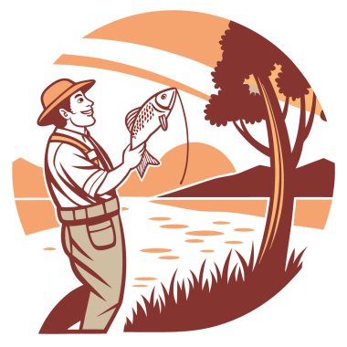 Mutlu balıkçı, sakin göl kıyısında gün batımında taze yakalanmış bir balığı gururla tutar. Balık tutmanın hazzını gösteriyor. Yapay zeka üretildi. Vektör simgesi