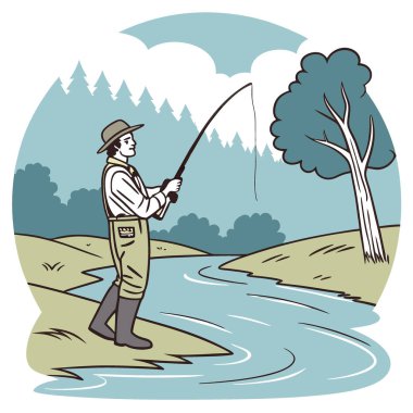 Bir balıkçı sakin bir öğleden sonra avlanmak için sabırla beklerken yağmurluk giyip huzurlu bir nehirde duruyor. Yapay zeka üretildi. Vektör simgesi