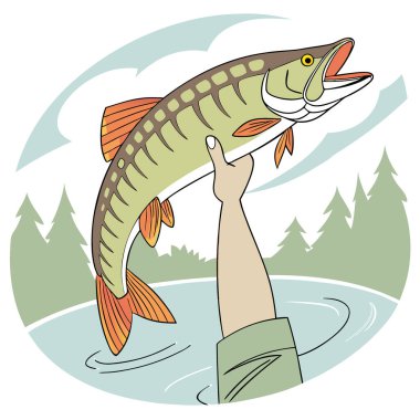Suyun üstünde balığı tutan bir el. Yapay zekanın ürettiği sakin doğal ortamda balığın eşsiz özelliklerini ve renklerini sergiliyor. Vektör simgesi