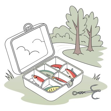 Bir sonraki maceranız için gerekli balık yemi dolu hafif taşınabilir alet çantasının kolaylığını keşfedin. Yapay zeka üretildi. Vektör simgesi