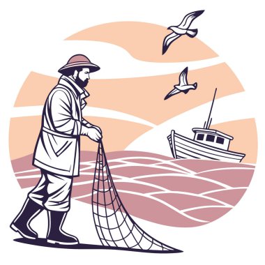 Balıkçılar, kuşlar üzerine çullanırken ağdan avlanırlar. Renkli bir günbatımının arkaplanının önünden geçen bir tekneyle. - Evet. Yapay zeka üretildi. Vektör simgesi