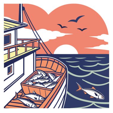 Gün batımında dramatik bir gökyüzüne karşı taze balıklarla dolu bir balıkçı teknesi. Yapay zekanın yarattığı deniz yaşamının güzelliğini gözler önüne seriyor. Vektör simgesi