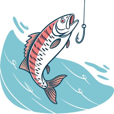 Kancaya takılmış bir balığın yakın çekimi. berrak mavi suyun üzerinde asılı. Yapay zekanın yarattığı canlı pullarını ve doğal güzelliklerini sergiliyor. Vektör simgesi