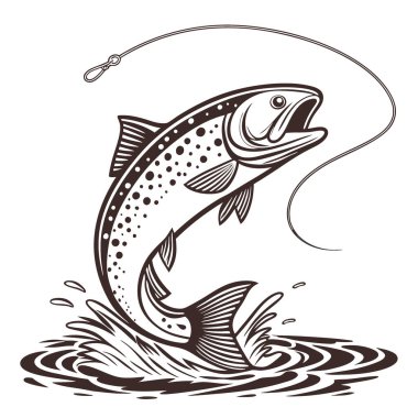 Sudan çıkan alabalık balığının yakın plan çizimi. Balıkların ağzında bir olta ve olta ile yapay zeka oluşturuldu. Vektör simgesi