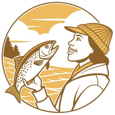 Gün batımında taze yakalanmış bir balığı tutan birinin yakın çekimi. Yapay zekanın yarattığı balıkçılığın güzelliğini ve doğanın huzurunu gözler önüne seriyor. Vektör simgesi