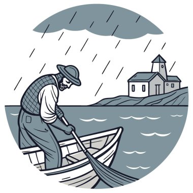 Yağmurlu bir günde bir balıkçı, bir sahil köyünde teknesinde özenle çalışıyor. Okyanus ve bulutlu gökyüzü ile çevrili. Yapay zeka üretildi. Vektör simgesi