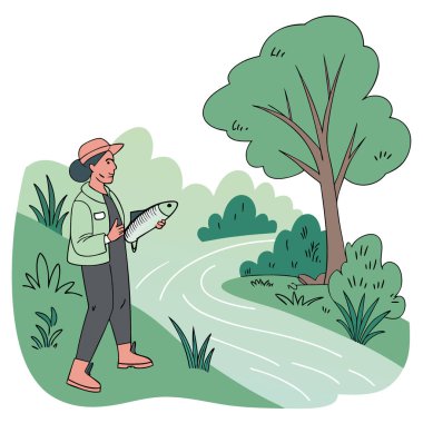 Nehir kenarında taze yakalanmış bir balığı tutan biri. Yeşilliklerle çevrili. Yapay zekanın doğada yarattığı balık tutmanın heyecanını somutlaştırıyor. Vektör simgesi