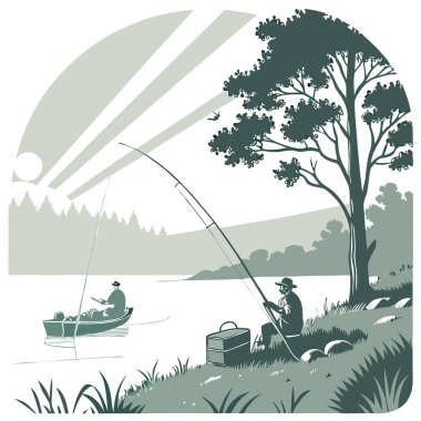 Güneşin doğuşunda sisli bir gölde maceralı bir balık avı. Olta ve olta oltası oltaya takıldı. Lakeside eğlence tarzı. Yapay zeka üretildi. Vektör simgesi