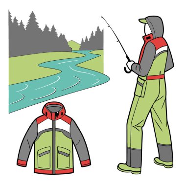 Balıkçılık macerası giysisi su geçirmez ceket ve açık hava balıkçıları için pantolon giyme giysisi, vitrin dekorasyonu, aksiyon dolu konsept. Yapay zeka üretildi. Vektör simgesi