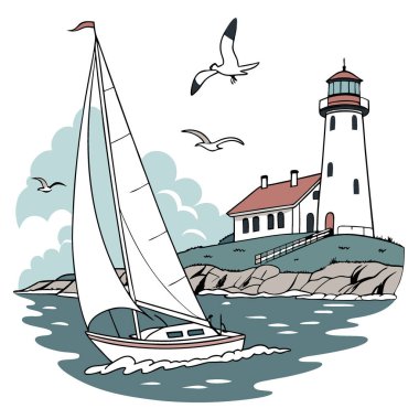 Deniz fenerinin yakınında süzülen zarif bir yelkenli. Bir sahil sahnesinde martılarla çevrili. Yapay zekanın oluşturduğu deniz temalı projeler için mükemmel. Vektör simgesi