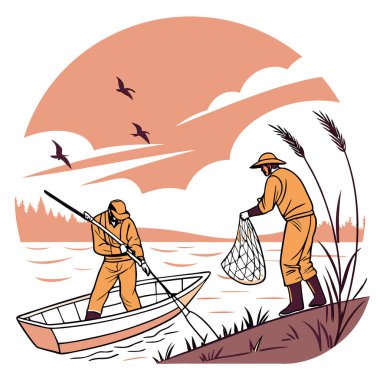 Parlak turuncu kıyafetli balıkçılar gün batımında sakin bir su kütlesi üzerinde birlikte çalışırlar. Yapay zekanın ürettiği cömert bir av için ağ atıyoruz. Vektör simgesi