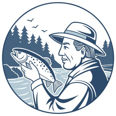 Balık tutan bir balıkçının mahrem anı. Balıkçılar ve onların doğal ortamı arasındaki ilişkiyi gösteriyor. Yapay zeka üretildi. Vektör simgesi