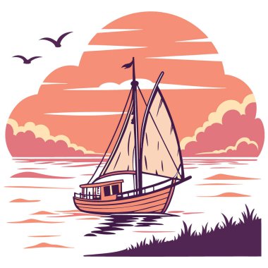 Şok edici bir günbatımında canlı bir balıkçı teknesi sakin sularda yüzer. Yapay zekanın yarattığı doğanın güzelliğini ve denizcilik hayatını yakalamak. Vektör simgesi