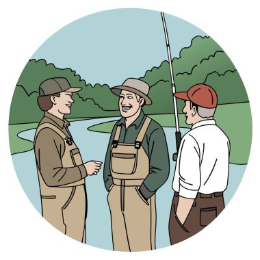 Bir grup yetişkin erkek arkadaş dışarıda dikilip, keyifle sohbet ediyor ve günü birlikte balık tutarak geçiriyorlar. Yapay zeka üretildi. Vektör simgesi
