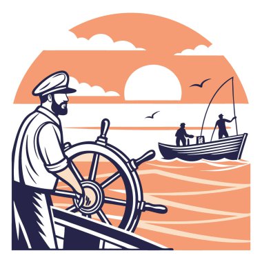 Güneş sakin bir denizin üzerinde batarken mürettebat ekipmanları arka planda hazırlanırken Kaptan bir balıkçı teknesinde yol alır. Yapay zeka üretildi. Vektör simgesi