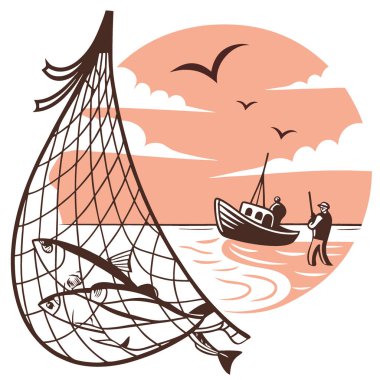 Altın Avı. Taze balıklarla dolu bir balık ağı gün batımında çekiliyor. Bir balıkçı teknesi uzaklarda yelken açarken yapay zeka üretildi. Vektör simgesi