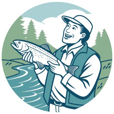 Elinde balık tutan gururlu bir balıkçı. Balık tutma sanatını ve doğal ortamlarda su yaşamının güzelliğini kutluyoruz. Yapay zeka üretildi. Vektör simgesi