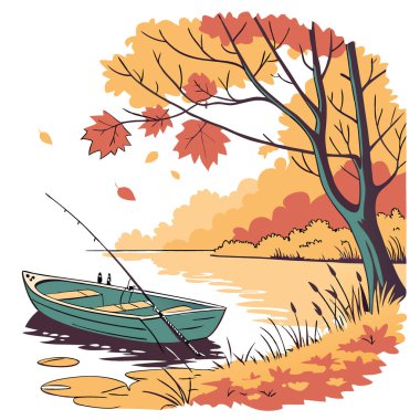 Sakin bir sonbahar balıkçılık sahnesi. İki olta, sakin bir kanalda yıpranmış bir deniz mavisi teknesinde dinleniyor. Sonbahar yapraklarıyla çevrili yapay zeka üretildi. Vektör simgesi