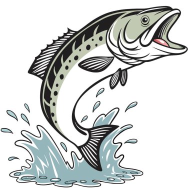 Koca ağızlı bir levrek zarif bir şekilde sudan atlıyor. Güneş ışığında parlayan pulları yerçekimine karşı bir sıçramayla meydan okuyor. Yapay zeka üretildi. Vektör simgesi