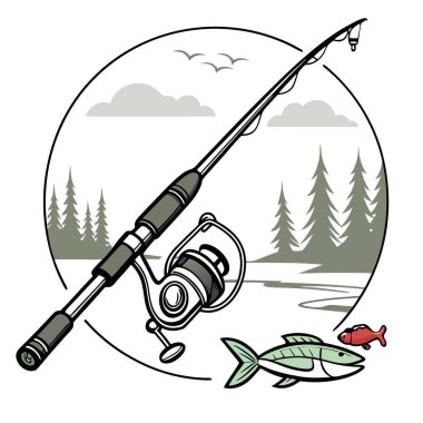 Dönen çubuğun birinci sınıf kombinasyonu. Makara. Yemler. Unutulmaz açık hava maceraları ve fotoğrafçılık için gerekli teçhizat yapay zeka üretildi. Vektör simgesi