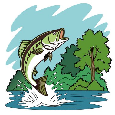 Büyük bir levrek balığı berrak sudan fırlar. Yapay zekanın ürettiği yeşil ağaçların ve parlak mavi gökyüzünün üzerine su sıçratıyor. Vektör simgesi