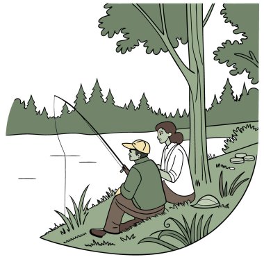 Balığa çıkan bir çift. Suyun kenarında sessizce oturup doğanın tadını çıkarıyorum. Barışçıl doğa aktivitesi. Kaynaşıyorum. Yapay zeka üretildi. Vektör simgesi