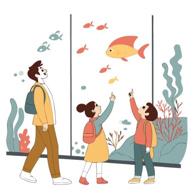 Neşeli Aile Canlı Balıklarla Dolu Bir Akvaryumu Keşfediyor - Mutlu Anlar ve Aile Seyahati Maceraları. Yapay zeka üretildi. Vektör simgesi