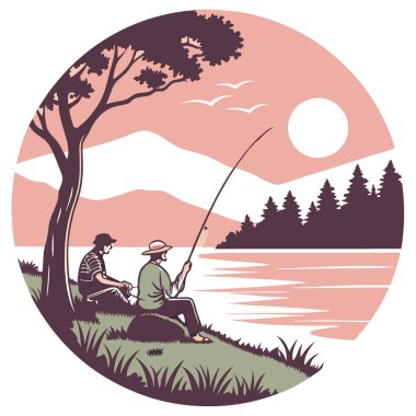 İki Balıkçıyla Sakin Sularda Huzurlu Akşam Balıkçılığı Gün Batımında Doğanın Güzelliğinin Tadını Çıkartıyor Açık Hava Ortasında. Yapay zeka üretildi. Vektör simgesi