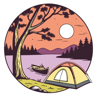 Sakin gölün yanındaki kamp ateşinin yanında iki çadır duruyor. Parlak bir dolunayın ve renkli bir günbatımı gökyüzünün altında yüzen bir tekne. Yapay zeka üretildi. Vektör simgesi
