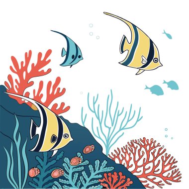 Canlı sualtı sahneleri mercan resiflerinde yüzen renkli balıkları gösteriyor. Yapay zekanın ürettiği deniz güzelliğini ve biyolojik çeşitliliği ön plana çıkarıyor. Vektör simgesi