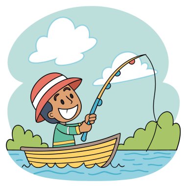 Teknedeki neşeli bir balıkçı. Eğlenceli ve canlı bir balıkçılık macerası sergiliyor. Yapay zekanın yarattığı illüstrasyon ve açık hava temaları için mükemmel. Vektör simgesi