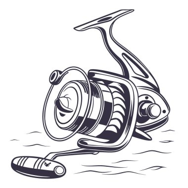 Işıldayan suyun arka planına karşı bir balık oltasının keşfi karmaşık tasarımı ve işlevselliğini vurguluyor. Yapay zeka üretildi. Vektör simgesi