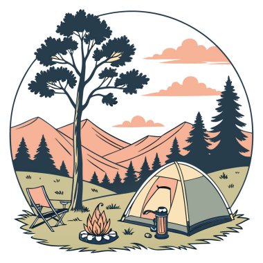 Gün batımında sakin bir doğa manzarasında çadırın yanında samimi bir kamp ateşi. Al 'in yarattığı kamp ve macera meraklıları için mükemmel. Vektör simgesi