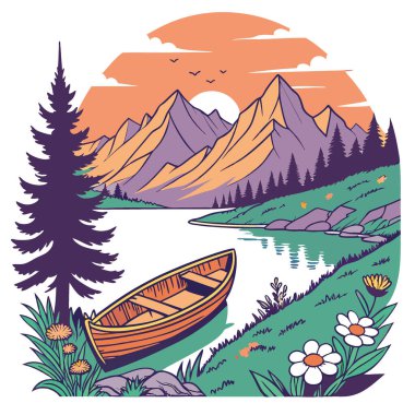 Kristal berrak bir gölde, ahşap bir teknenin üzerinde nefes kesici bir gün doğumu yaşayın. Görkemli dağlar ve canlı doğa tarafından çerçevelenmiş yapay zeka. Vektör simgesi