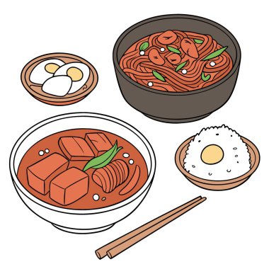 Tavada kızartılmış işkembe, baharatlı domuz eti mayalanmış soya fasulyesi ezmesi kimchi güveci Kore mutfağı klasik yemekler. Yapay zeka üretildi. Vektör simgesi