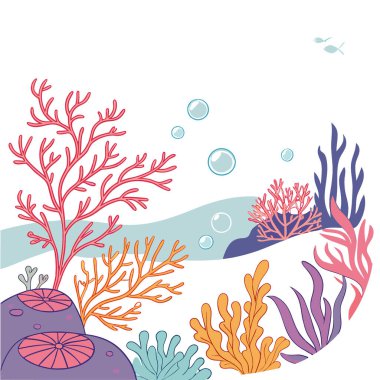 Renkli mercanların yer aldığı canlı sualtı sahnesi. Baloncuklar. Ve dingin bir okyanus arkaplanı. Deniz temalı projeler için mükemmel yapay zeka. Vektör simgesi
