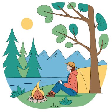 Bir insan göl kenarında kamp yapmaktan hoşlanır. Sıcak bir kamp ateşinin yanında oturuyor. Parlak ağaçlar ve dağlarla çevrili. Güneşli bir gün. Yapay zeka üretildi. Vektör simgesi