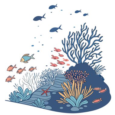 Çeşitli ve renkli bir mercan resifi balık ve deniz yaşamı ile doludur. Yukarıdaki berrak suyun içinden süzülen güneş ışığıyla aydınlatılıyor. Yapay zeka üretildi. Vektör simgesi