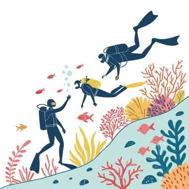 Üç dalgıçla birlikte canlı bir sualtı macerası. Gündüz vakti deniz canlılarıyla dolu renkli bir mercan resifini keşfediyorlar. Yapay zeka üretildi. Vektör simgesi