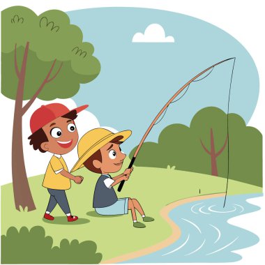 Çocuklar Macera Arıyor Çizgilerini Kontrol Etmenin Heyecanı. Genç oğlanlar, güzel bir yaz gününde yakalamayı sabırsızlıkla bekliyorlar. Yapay zeka üretildi. Vektör simgesi