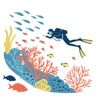 Mercan resifini araştıran bir dalgıcın üst görüntüsü. Açık mavi sularda, renkli balık sürüleri ve deniz canlılarıyla çevrili. Yapay zeka üretildi. Vektör simgesi