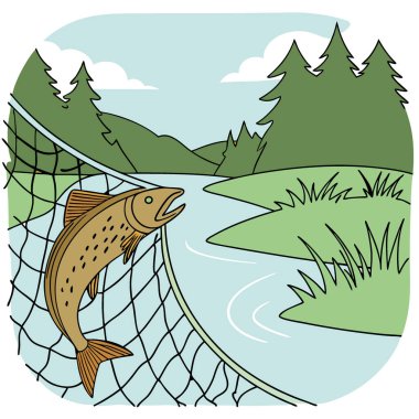 Başarılı bir Balık Yakalamaca 'nın büyüleyici manzarası. Serene Waters ve Lush Surround 'ın ortasındaki bir ağa dolanmış kahverengi bir balık. Yapay zeka üretildi. Vektör simgesi