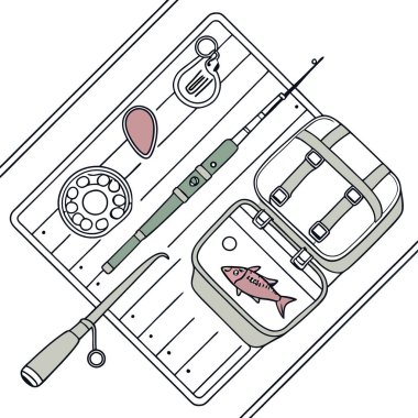 Ormanın çeşitli yemlerinde sessiz tonlarda simetrik balıkçılık teçhizatı. Çubuklar. Hooks - Organize Maceralara Hazırlık. Yapay zeka üretildi. Vektör simgesi