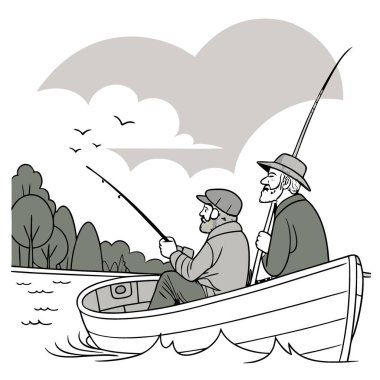 Olgun adamlar balık tutma gezisi sırasında teknede dinleniyorlar. Sessiz anlarımızı ve derin konuşmalarımızı paylaşıyoruz. Arkadaşlıklarının tadını çıkarıyorlar. Yapay zeka üretildi. Vektör simgesi